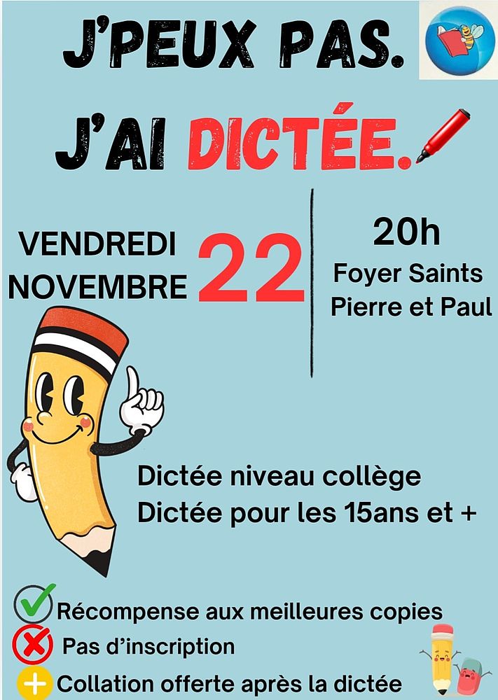 Affiche soirée dictée Foyer Saints Pierre et Paul à Hochfelden le 22 novembre