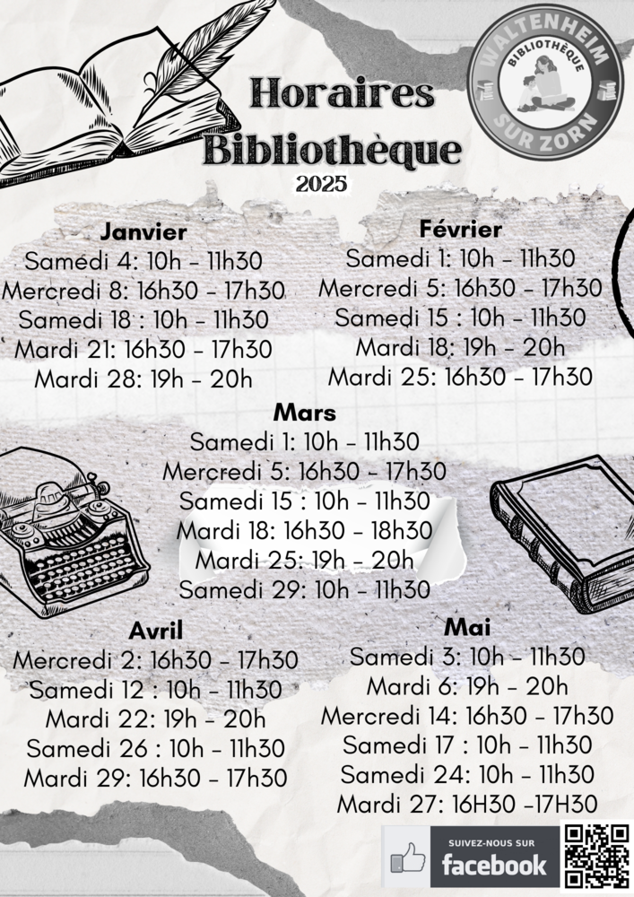 Horaires d'ouverture de la bibliothèque de Waltenheim sur Zorn de Janvier à Mai