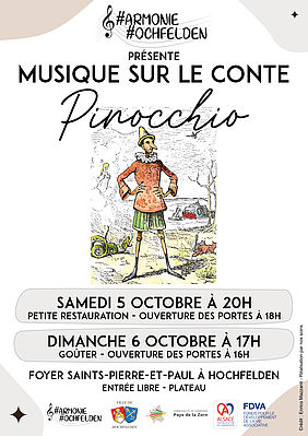 Affiche du concert Pinocchio proposé par l'Harmonie de Hochfelden les 5 et 6 octobre 2024