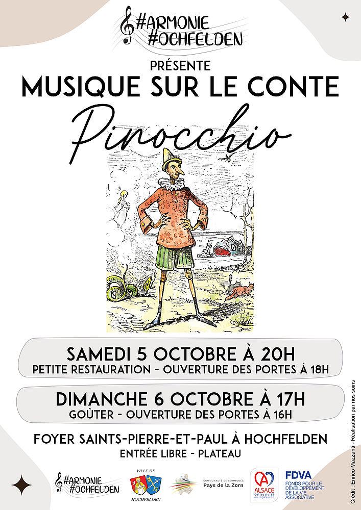 Affiche du concert Pinocchio proposé par l'Harmonie de Hochfelden les 5 et 6 octobre 2024